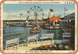 10 x 14 METAL SIGN - Indiana Postcard - View of beach and amusement area seen from ballroom, Ideal Beach Resor - Vintage Rusty Look