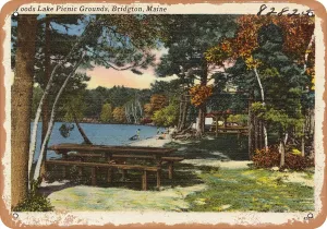 10 x 14 METAL SIGN - Maine Postcard - Woods Lake Picnic Grounds, Bridgton, Maine - Vintage Rusty Look