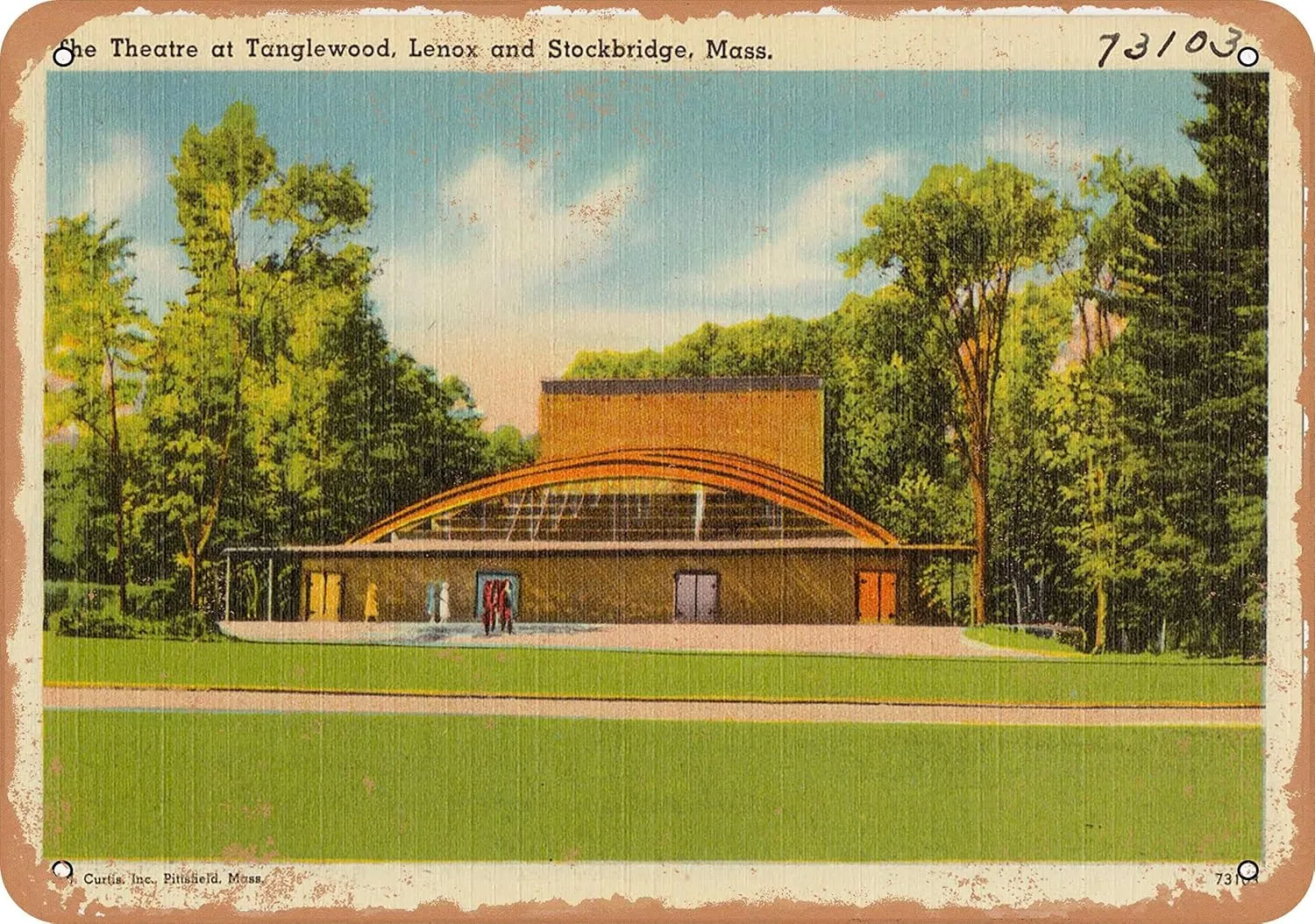 10 x 14 METAL SIGN - Massachusetts Postcard - The theatre at Tanglewood, Lenox and Stockbridge, Mass. - Vintage Rusty Look