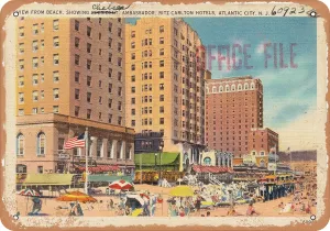 10 x 14 METAL SIGN - New Jersey Postcard - View from beach, showing Chelsea, Ambassador, Ritz Carlton Hotels, Atl - Vintage Rusty Look