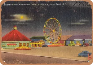 10 x 14 METAL SIGN - Rhode Island Postcard - Atlantic Beach Amusement Center at night, Atlantic Beach, R.I. - Vintage Rusty Look