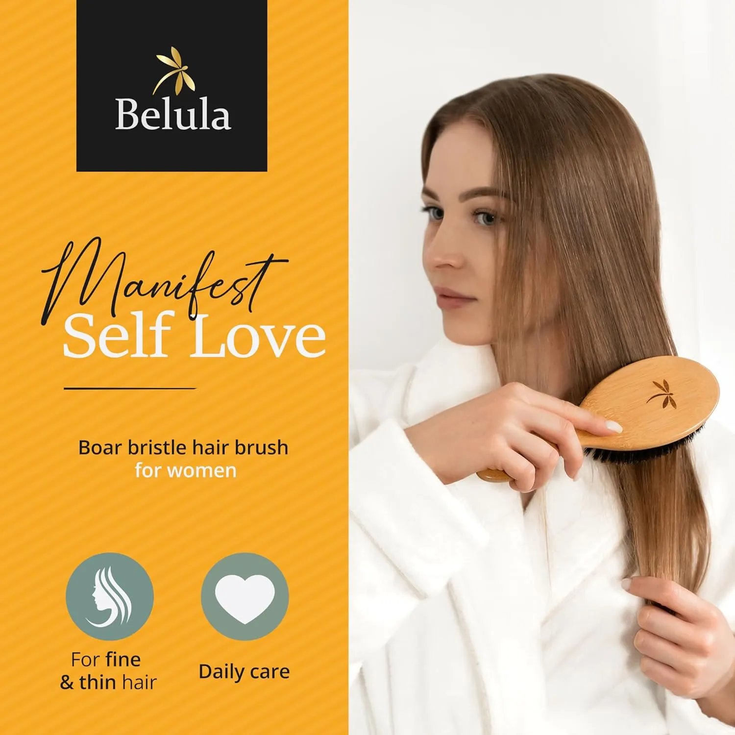 100% Boar Bristle Hair Brush for Women Set by Belula (L Size). Soft Natural Bristles for Thin and Fine Hair. Wooden Comb, Travel Bag and Spa Headband Included!