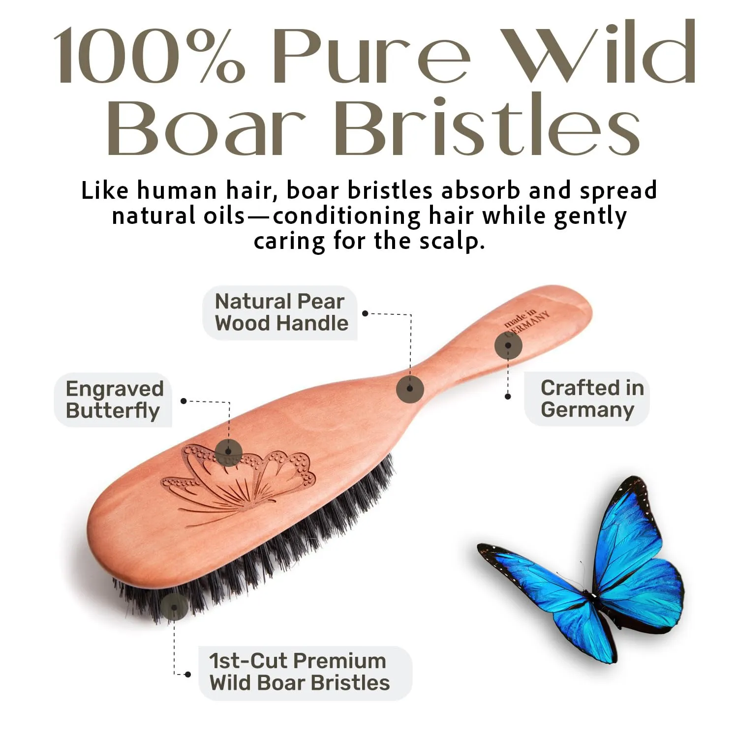 100% Natural Boar Bristle Hairbrush for Healthy Hair - Gentle Care, Made in Germany