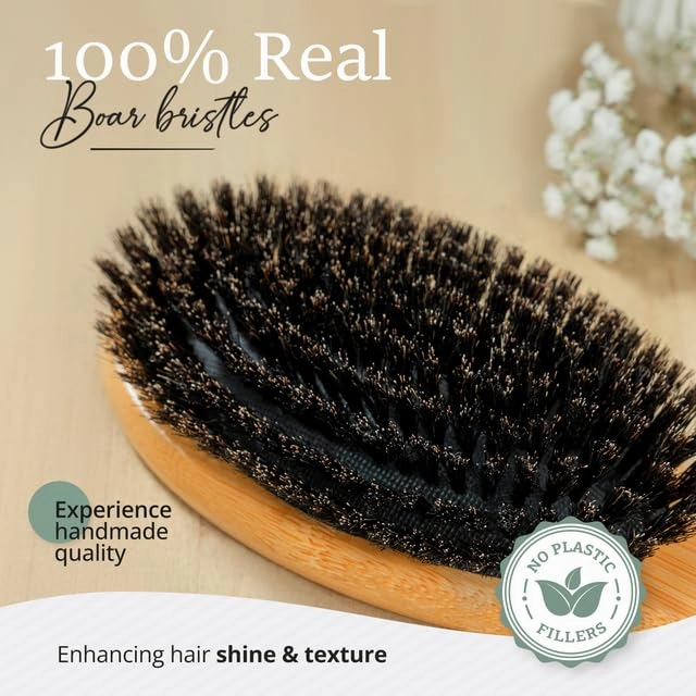 100% Boar Bristle Hairbrush Set (Medium) with Soft Natural Bristles for Thin, Fine Hair