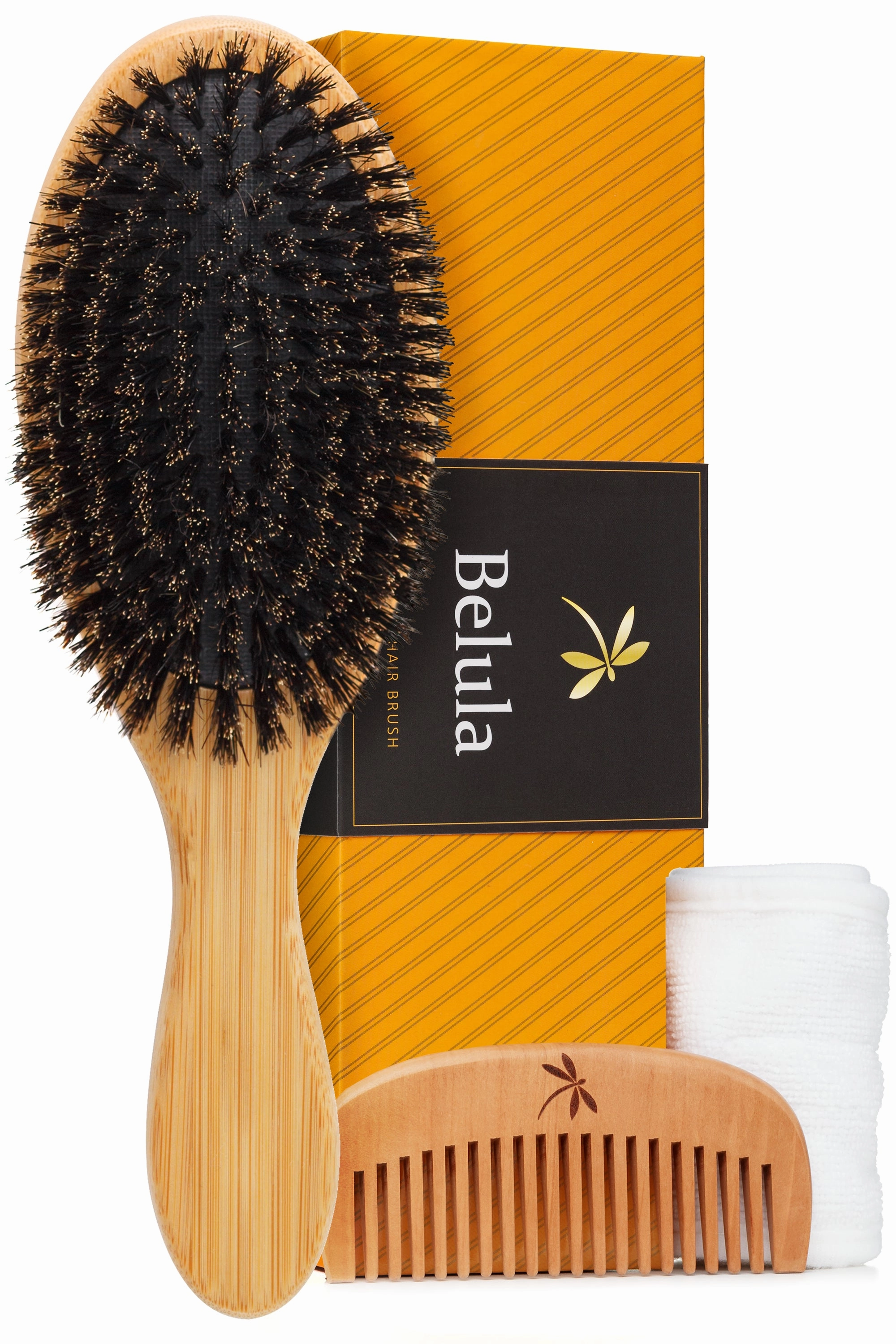 100% Boar Bristle Hairbrush Set (Medium) with Soft Natural Bristles for Thin, Fine Hair