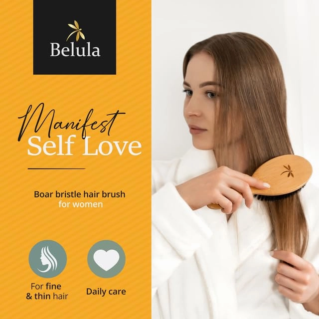 100% Boar Bristle Hairbrush Set (Medium) with Soft Natural Bristles for Thin, Fine Hair