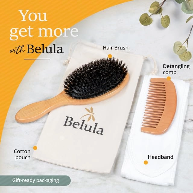 100% Boar Bristle Hairbrush Set (Medium) with Soft Natural Bristles for Thin, Fine Hair