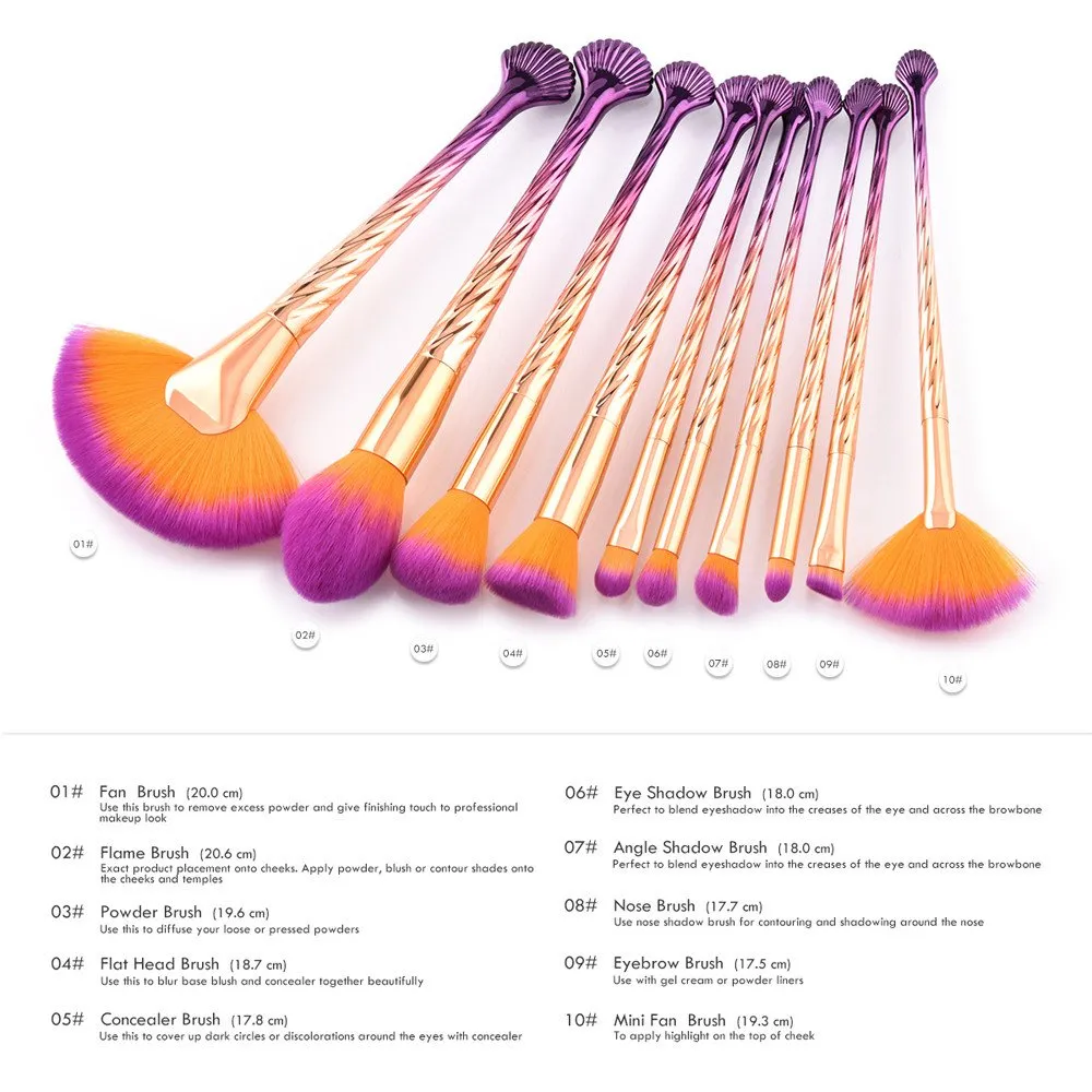 10pcs Pro Makeup Brushes Set Foundation Powder Eyeshadow Eyeliner Lip Brush Tool Flat Makeup Brushes (Colorful, One Size)