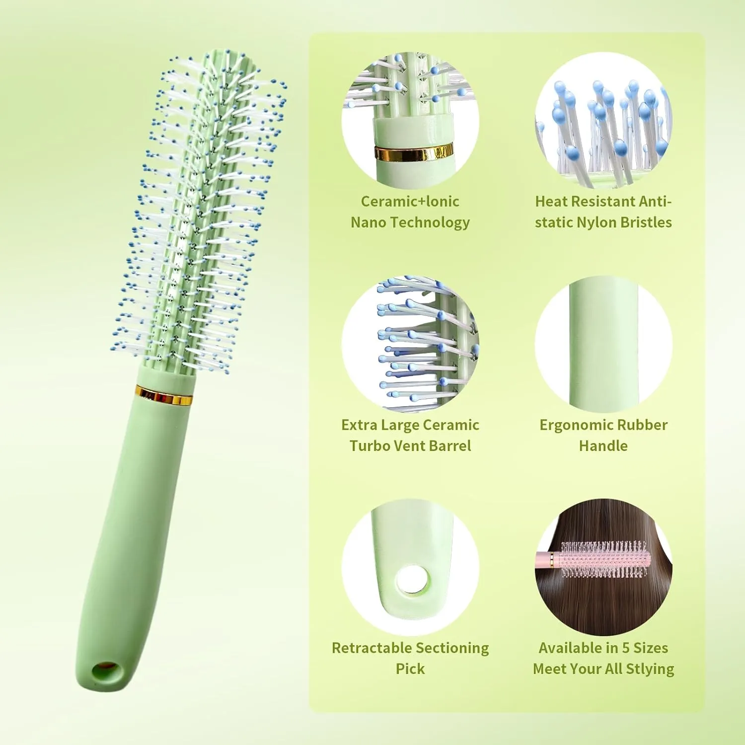 11PCS Hair Brush Set, Round Brush and Paddle Hair Brush Great on Wet Long Thick Hair, Detangling Brush and Spray Bottle for Wavy Curly Hair Green