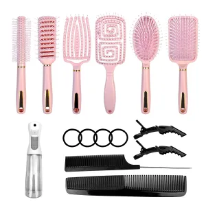 11PCS Hair Brush Set, Round Brush and Paddle Hair Brush Great On Wet Long Thick Hair, Detangling Brush and Spray Bottle for Wavy Curly Hair Pink