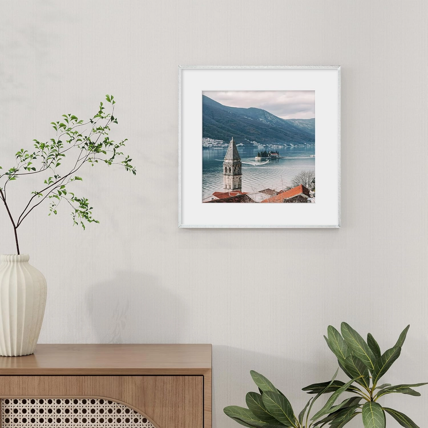 16x16 Metal Picture Frame, Ultra-Thin Deep Aluminum Photo Frame with Cross-Hatch Brushed Satin Finish, Minimalist Modern Poster Frame with Tempered Glass and Mat for 12x12, Silver