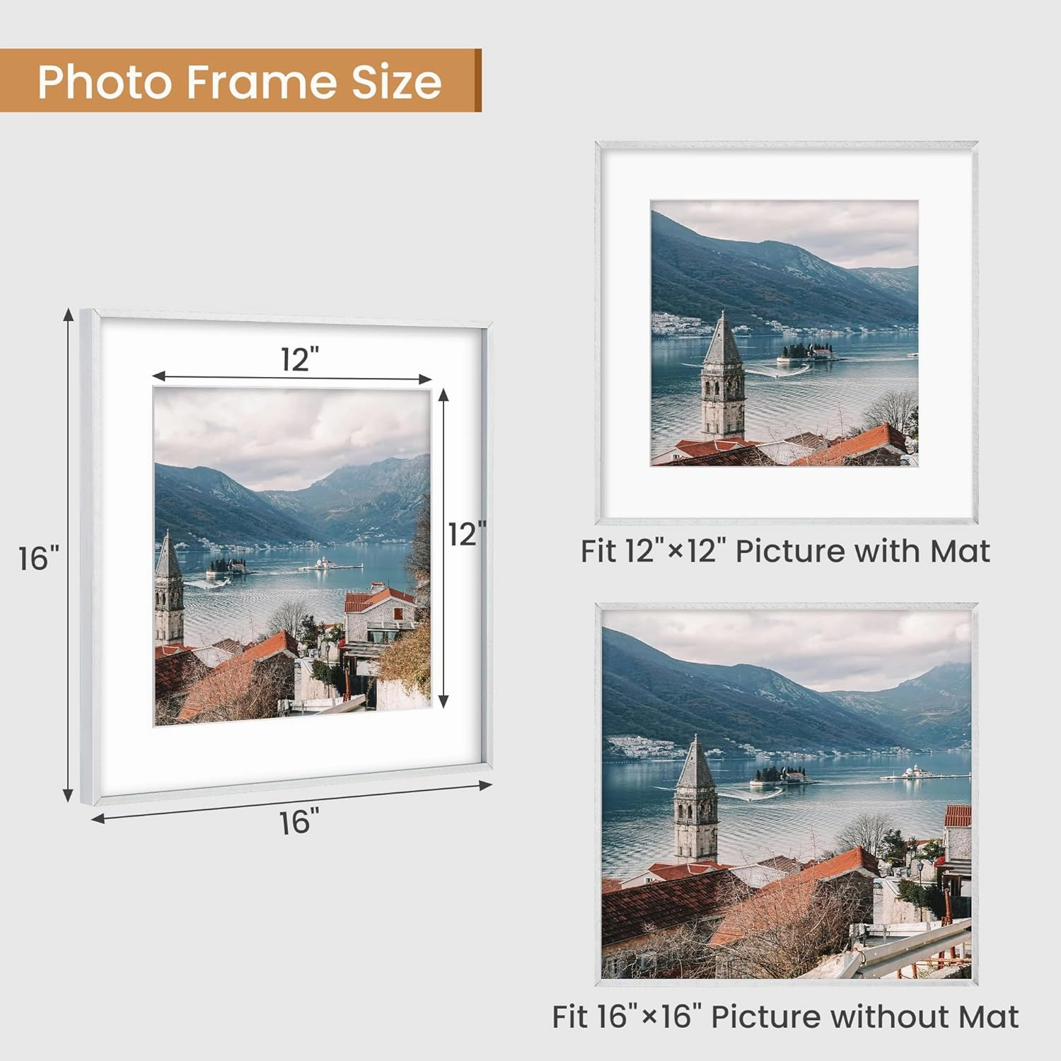 16x16 Metal Picture Frame, Ultra-Thin Deep Aluminum Photo Frame with Cross-Hatch Brushed Satin Finish, Minimalist Modern Poster Frame with Tempered Glass and Mat for 12x12, Silver