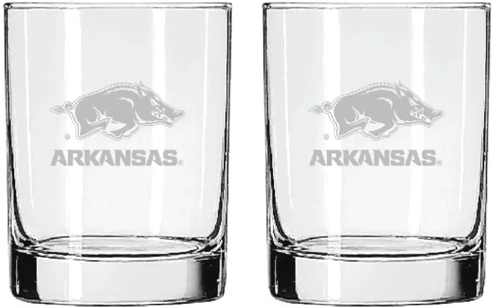 2-Sided, Satin Finish, Rock (or Whiskey) Glass - Set of 2 (Arkansas Razorbacks)