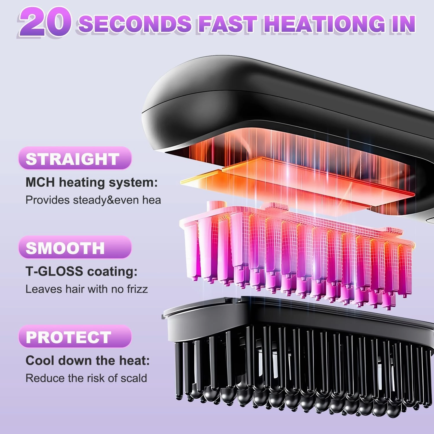 2025 New Go Brush Pro Cordless Hair Straightener Brush - Cordless Hair Straightening Brush,Compact & Travel-Friendly with LED Display Anti-Scald Mini Hot Straightening Comb for Women(Purple)