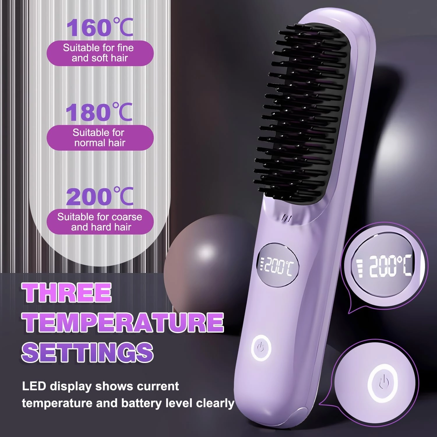 2025 New Go Brush Pro Cordless Hair Straightener Brush - Cordless Hair Straightening Brush,Compact & Travel-Friendly with LED Display Anti-Scald Mini Hot Straightening Comb for Women(Purple)