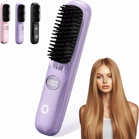 2025 New Go Brush Pro Cordless Hair Straightener Brush - Cordless Hair Straightening Brush,Compact & Travel-Friendly with LED Display Anti-Scald Mini Hot Straightening Comb for Women(Purple)