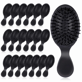 20 Pack Small Wet Hair Brushes, Nylon and Natural Boar Bristles Hair Brush Portable Travel Detangling Brush Mini Air Cushion Brush Pocket Paddle Hair Brush Scalp Massage Hair Brushes for Women - Black