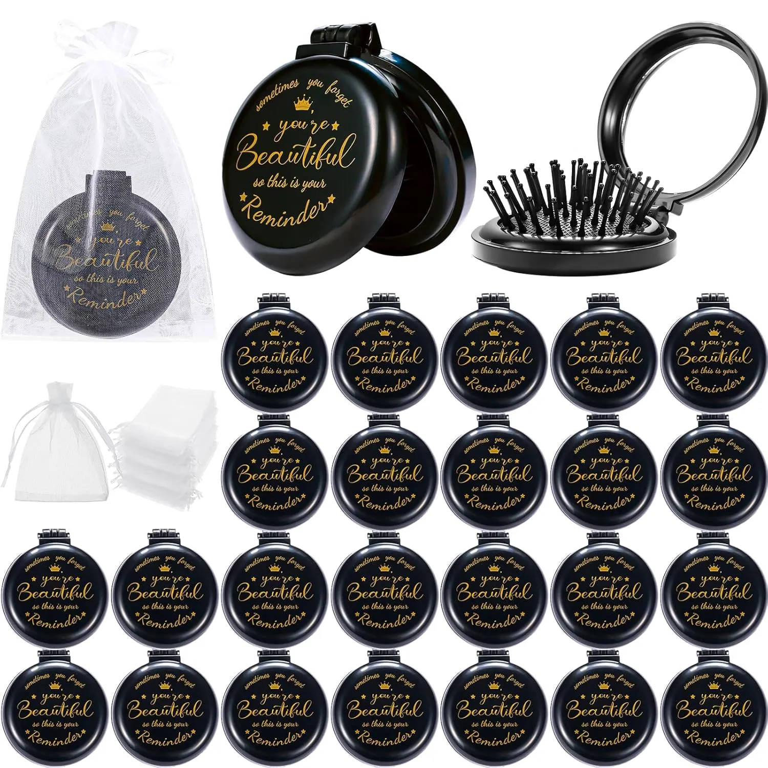 24 Pcs Inspirational Compact Mirror Hair Brush Bulk Inspirational Gifts for Women Sometimes You Forget You're Beautiful Round Mirror Pocket Hair Brush Gifts for Women Teacher Friends Employee Coworker