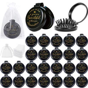24 Pcs Inspirational Compact Mirror Hair Brush Bulk Inspirational Gifts for Women Sometimes You Forget You're Beautiful Round Mirror Pocket Hair Brush Gifts for Women Teacher Friends Employee Coworker