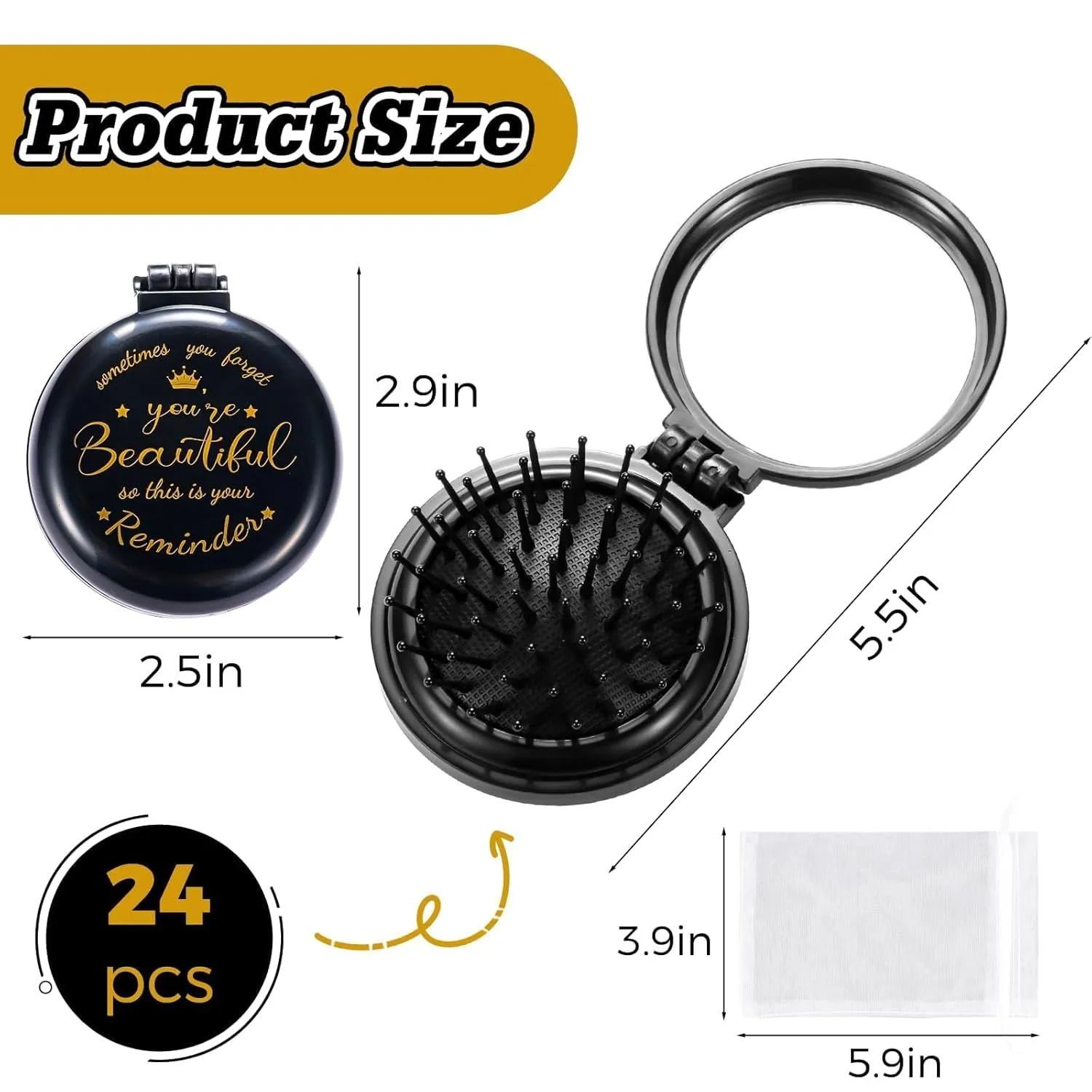 24 Pcs Inspirational Compact Mirror Hair Brush Bulk Inspirational Gifts for Women Sometimes You Forget You're Beautiful Round Mirror Pocket Hair Brush Gifts for Women Teacher Friends Employee Coworker
