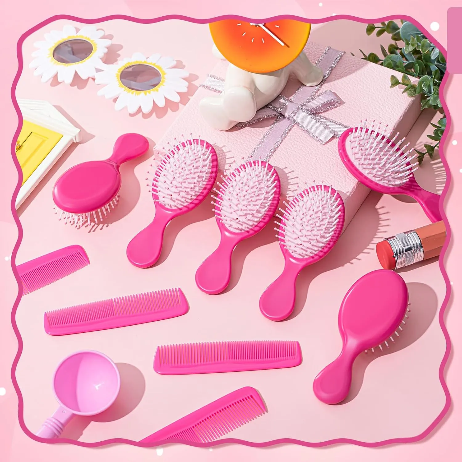 24 Pcs Mini Hair Brush Set 12 Travel Wet Dry Hair Combs Small Pocket Detangling 12 Plastic Combs for Spa Birthday Sleepover Bridal Shower Bachelorette Christmas Party Gift Box(Rose Red)