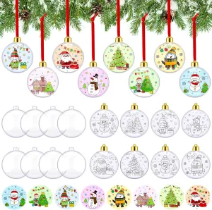 24 Sets Color Your Own Plastic Bulb Christmas Ornament Crafts DIY Christmas Ornaments Kits Double Sided Coloring Cards for Christmas Tree Ornaments Fun Home Activities Winter Party Supplies