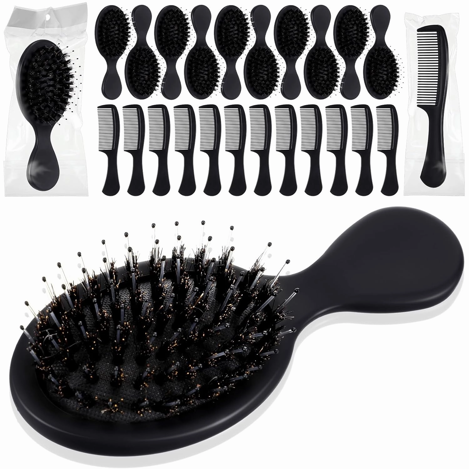 24 Pcs Mini Wet Hair Brush Combs Bulk Individually Wrapped Boar Bristle Hair Brushes and Disposable Combs for Travel Hotel Homeless Shelter Church Fine Cutting