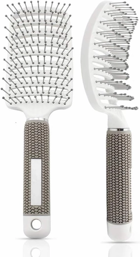 2 Pack Vented Curved Hairbrush, Boar Bristle Hair Brush for Women, Wet Dry Detangling Brushes, Styling Tools for Tangled Long Thick Curly Hair (White)