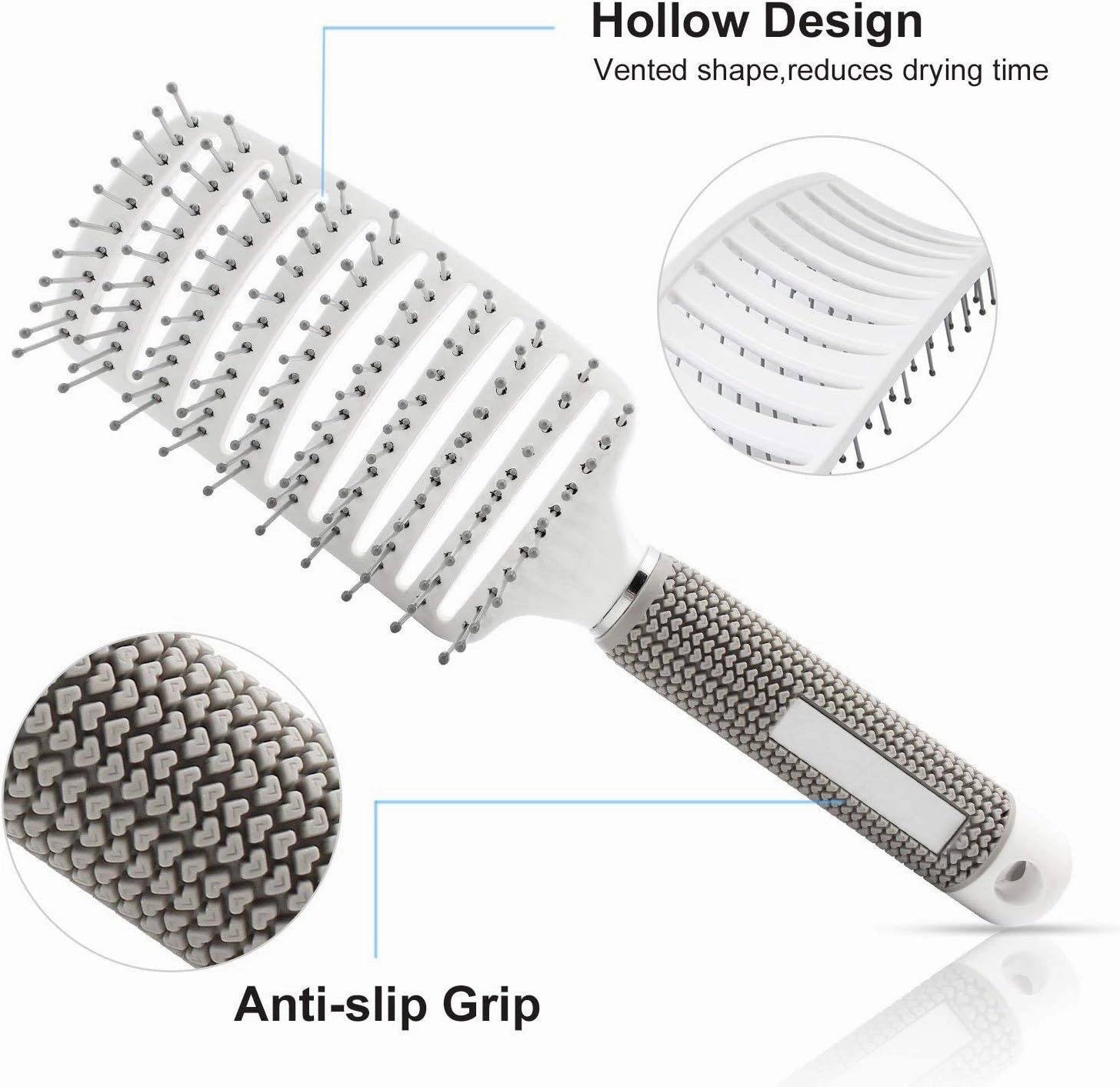 2 Pack Vented Curved Hairbrush, Boar Bristle Hair Brush for Women, Wet Dry Detangling Brushes, Styling Tools for Tangled Long Thick Curly Hair (White)