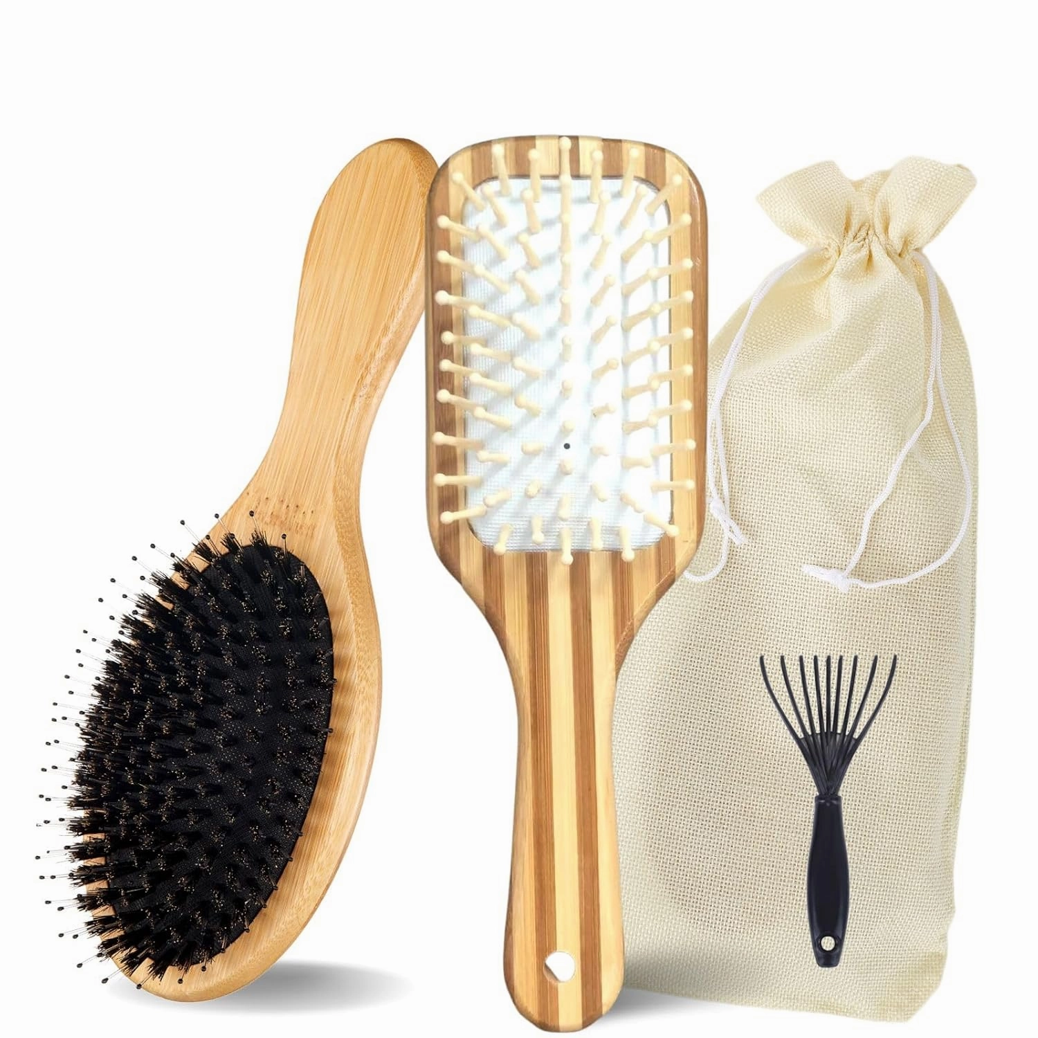 3Pcs Boar Bristle Hair Brush Gift Set,Anti-Hair Loss,help hair growth, Wooden Bamboo HairBrush for Wome Paddle Hair Brushes for Women Blow drying