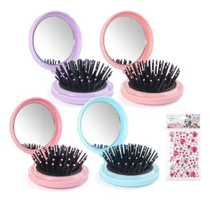 4 Colors Folding Mirror Hairbrush, 2 in 1 Compact Pocket Mirror Comb with DIY Stickers, Round Mini Pocket Makeup Mirror for Travel Women Girls (48 Pcs)