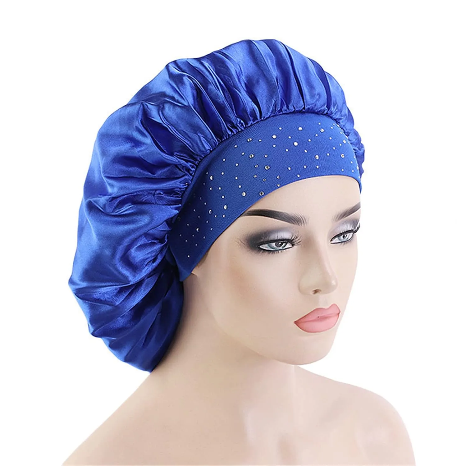 4 Pieces Big Satin Elasticity Comfortable Wide-Brimmed Silky Rhinestone Hair Sleeping Care Bonnet Night caps for Women