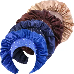 4 Pieces Women's Satin Rhinestone Sleeping Hat Night Sleep Cap Hair Care Salon Makeup Muslim Hijab Head Cover Bonnet Hat
