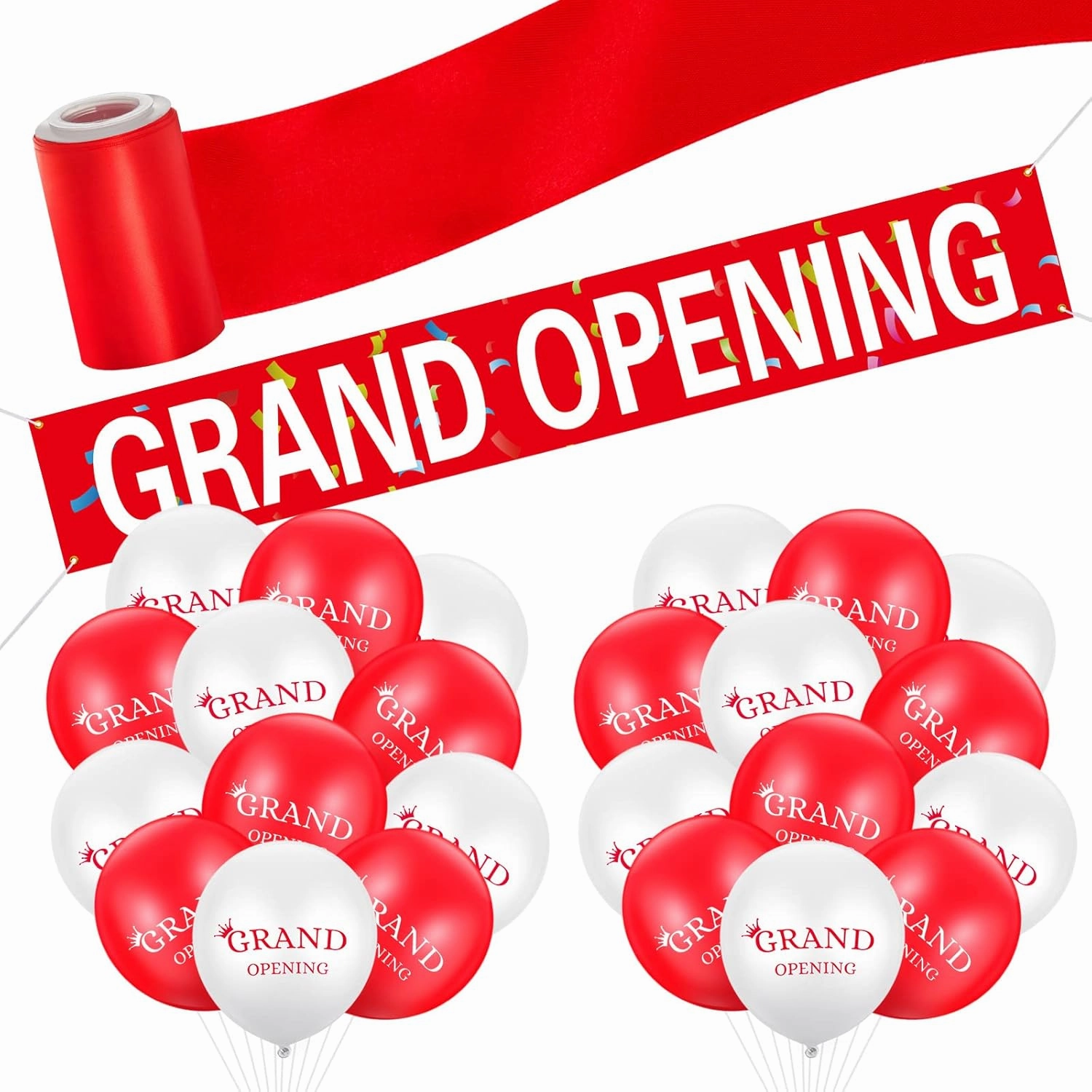 42 Pieces Grand Opening Decorations Kit Includes 1.5 x 9.8 ft Grand Opening Banner 40 Balloons and Satin Ribbon for Events Inaugurations Ceremonies (Red, White)