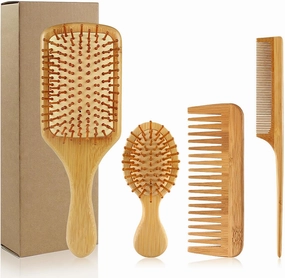 4PCS Hairbrush and Comb Set Wooden Bamboo Hairbrush With Paddle Type Cleaning Brush Natural Hairbrush Eco-Friendly Bristles Free,Suitable For Women, Men Thick/Thin/Curly/Dry Hair Gift Set