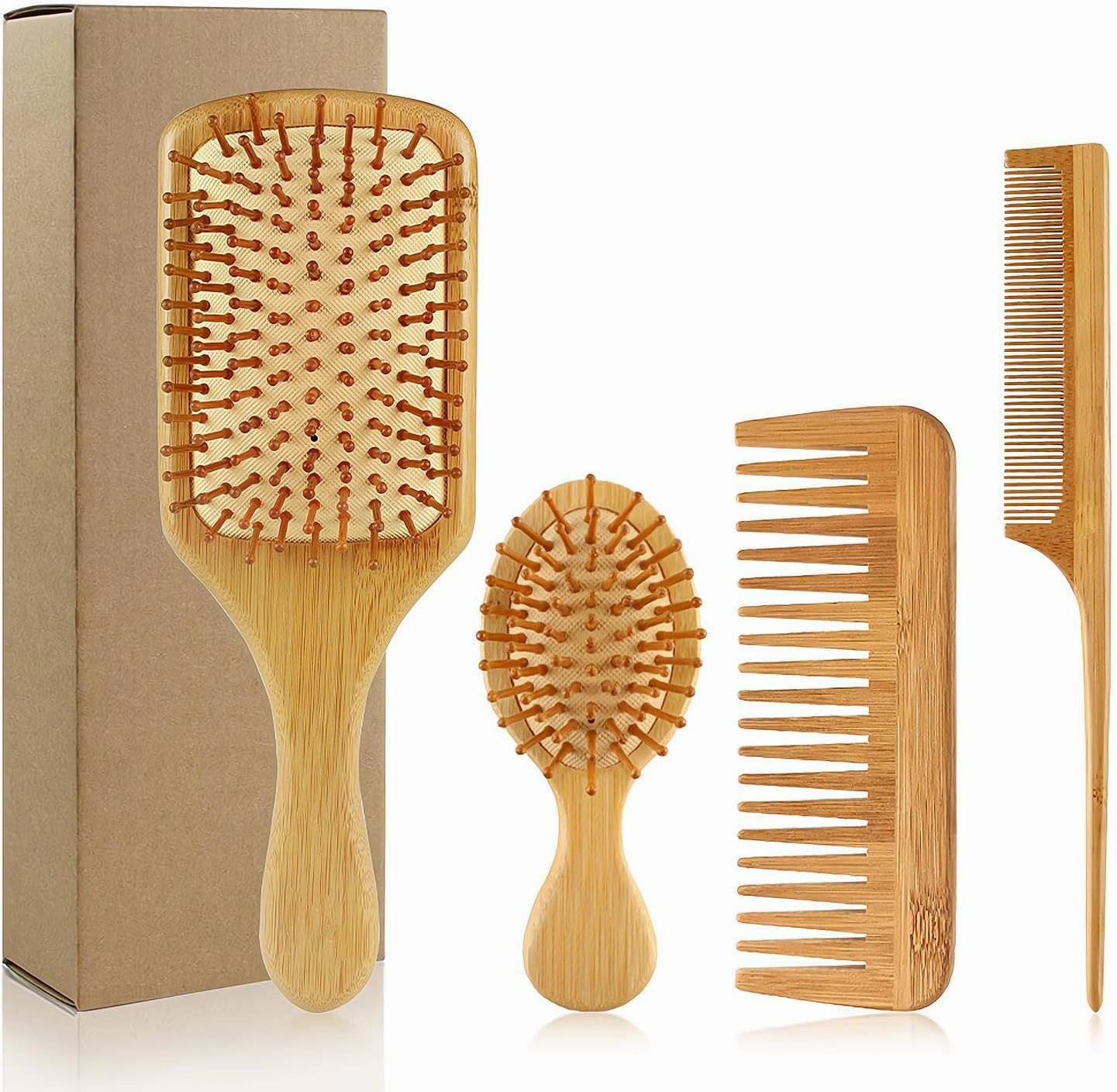 4PCS Hairbrush and Comb Set Wooden Bamboo Hairbrush With Paddle Type Cleaning Brush Natural Hairbrush Eco-Friendly Bristles Free,Suitable For Women, Men Thick/Thin/Curly/Dry Hair Gift Set