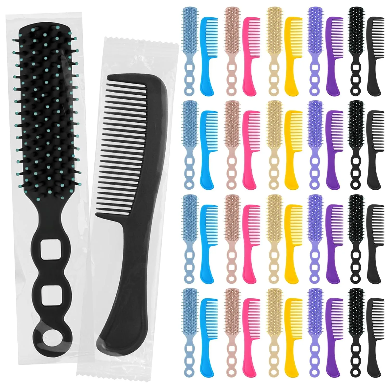 50 Pcs Hair Brush and Comb Set in Bulk for Homeless Individually Wrapped, Bulk Comb Brush Hairbrush for Women Kids Hotel Homeless Charity (Bright Color)