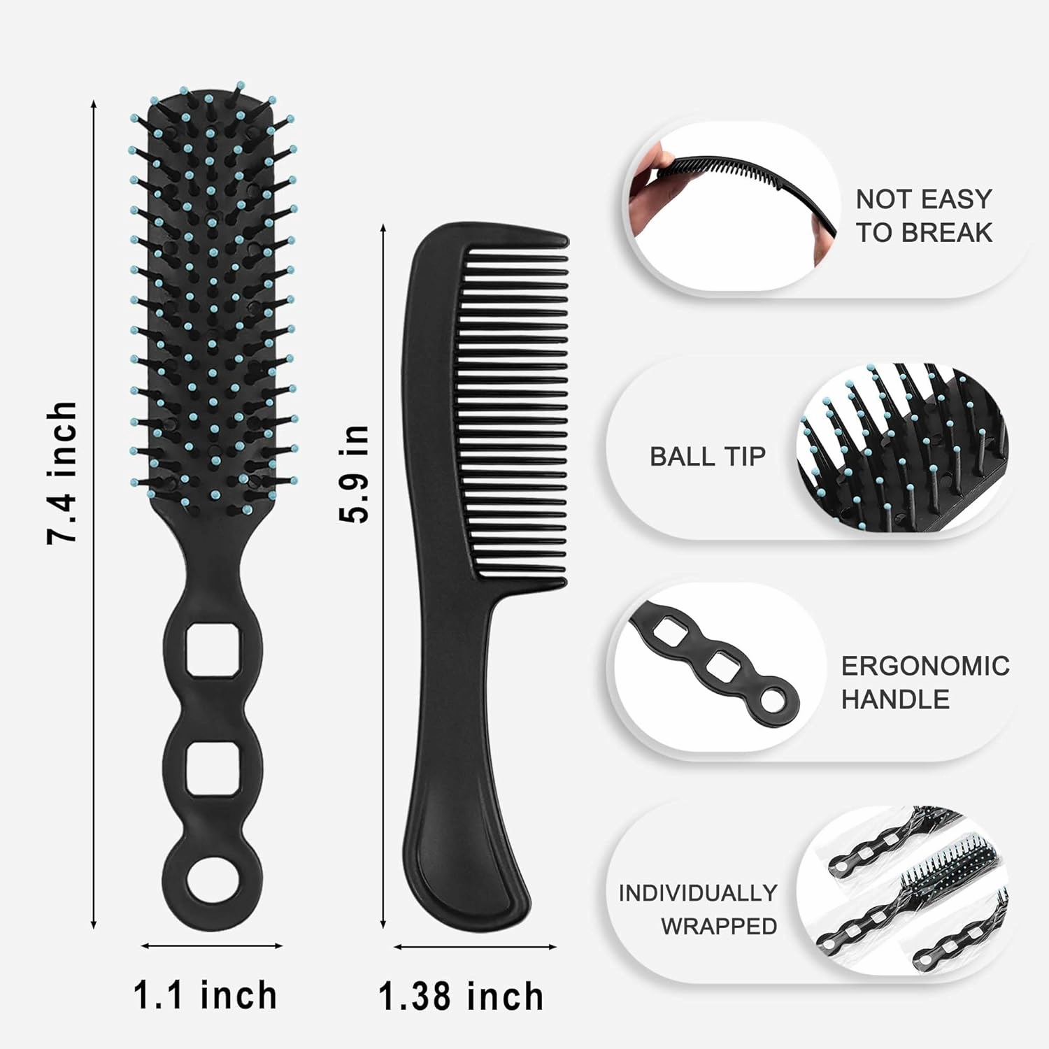 50 Pcs Hair Brush Combs Set in Bulk for Homeless Individually Wrapped Curly Thick Long Smoothing Hair Brush Detangling Hairbrush for Women Kids Hotel Homeless Nursing Charity (Black)