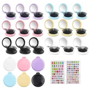 6 Colors Foldable Mirror Hairbrush, 2 in 1 Compact Pocket Mirror Comb in Bulk, with DIY Stickers, Travel Mini Hairbrush Makeup Mirror for Women Girls (24-PACK)
