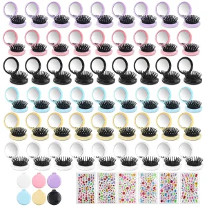 6 Colors Foldable Mirror Hairbrush, 2 in 1 Compact Pocket Mirror Comb in Bulk, with DIY Stickers, Travel Mini Hairbrush Makeup Mirror for Women Girls (60-PACK)