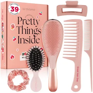 6 Pcs Hair Brush Set - Detangling Brush for All Types with Wide Tooth & Tail Comb, Scrunchie & Claw Clip - Care Gift Set with Stickers for Teen Girls, Women & Kids