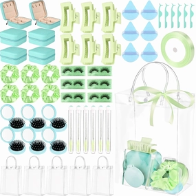 6 Set Baby Shower Game Prizes Baby Shower Gifts for Guests Prizes Travel Hairbrush Hair Rings Powder Puff Hair Clips False Eyelash Eyelash Curler Jewelry Box Ribbon Gift Bag Wedding Bridal Game Prizes