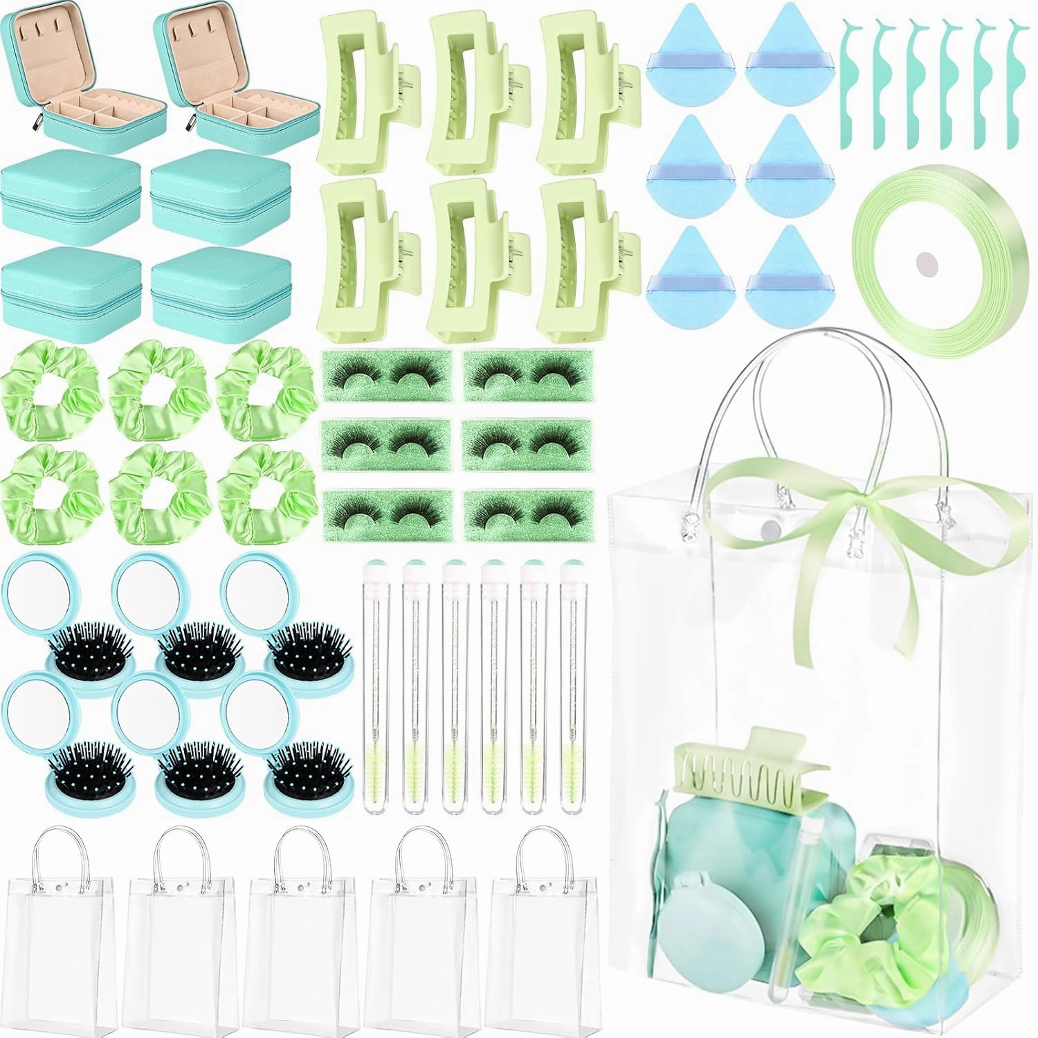6 Set Baby Shower Game Prizes Baby Shower Gifts for Guests Prizes Travel Hairbrush Hair Rings Powder Puff Hair Clips False Eyelash Eyelash Curler Jewelry Box Ribbon Gift Bag Wedding Bridal Game Prizes