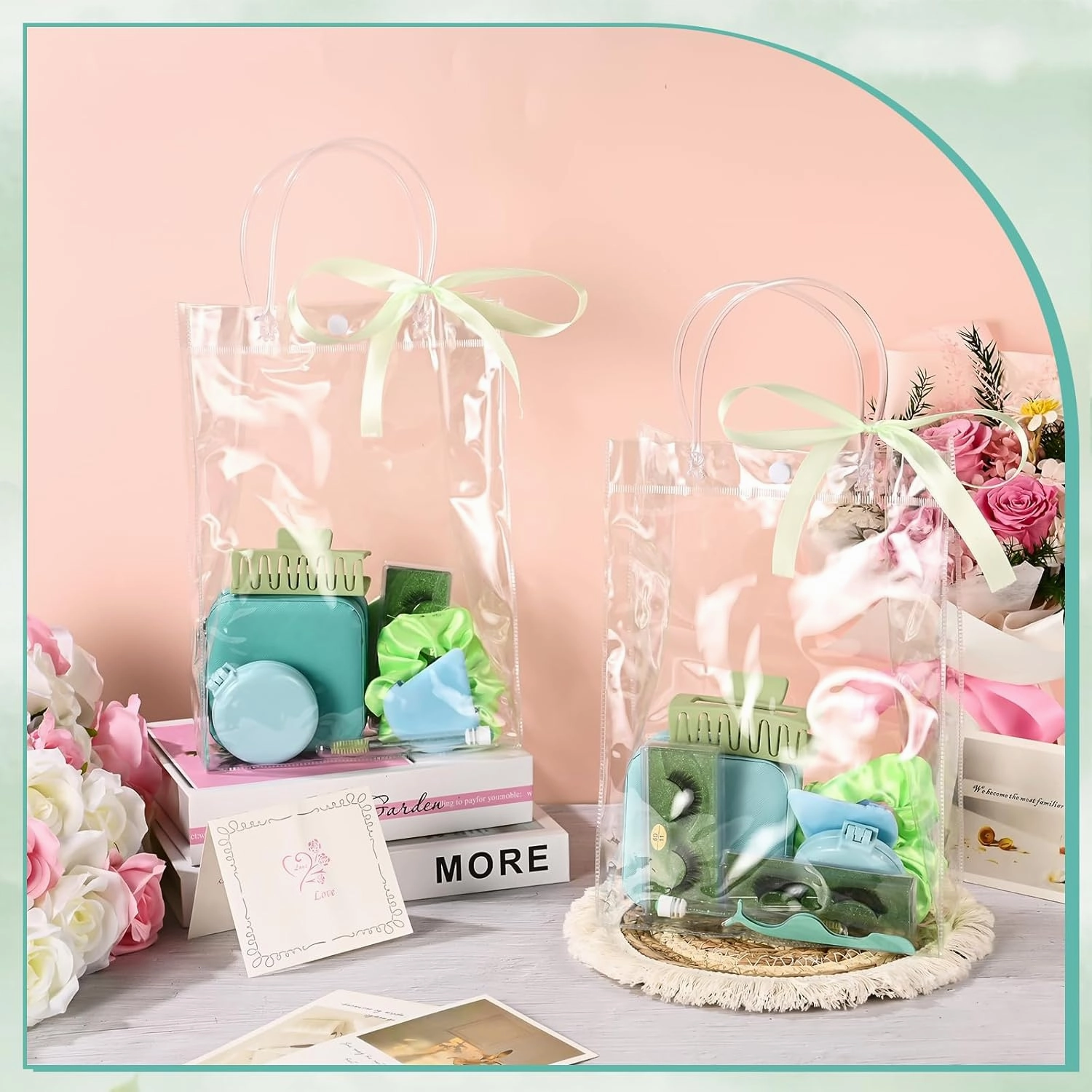 6 Set Baby Shower Game Prizes Baby Shower Gifts for Guests Prizes Travel Hairbrush Hair Rings Powder Puff Hair Clips False Eyelash Eyelash Curler Jewelry Box Ribbon Gift Bag Wedding Bridal Game Prizes