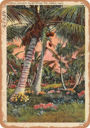 7 x 10 METAL SIGN - Florida Postcard - Florida coconut palms guard the jungle trail - Vintage Rusty Look