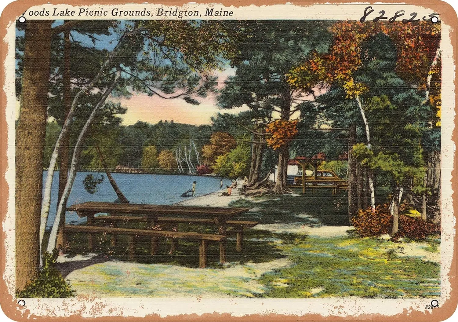 7 x 10 METAL SIGN - Maine Postcard - Woods Lake Picnic Grounds, Bridgton, Maine - Vintage Rusty Look