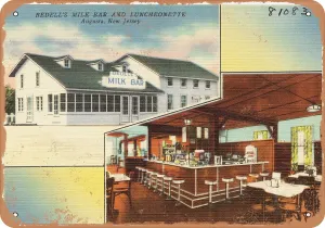 7 x 10 METAL SIGN - New Jersey Postcard - Bedell's Milk Bar and Luncheonette, Augusta, New Jersey - Vintage Rusty Look