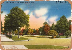7 x 10 METAL SIGN - New Jersey Postcard - Hudson County Park Drive, Bayonne, N.J. - Vintage Rusty Look