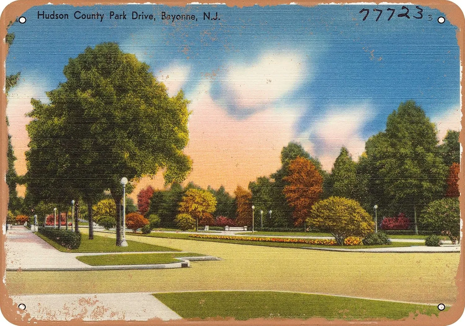 7 x 10 METAL SIGN - New Jersey Postcard - Hudson County Park Drive, Bayonne, N.J. - Vintage Rusty Look