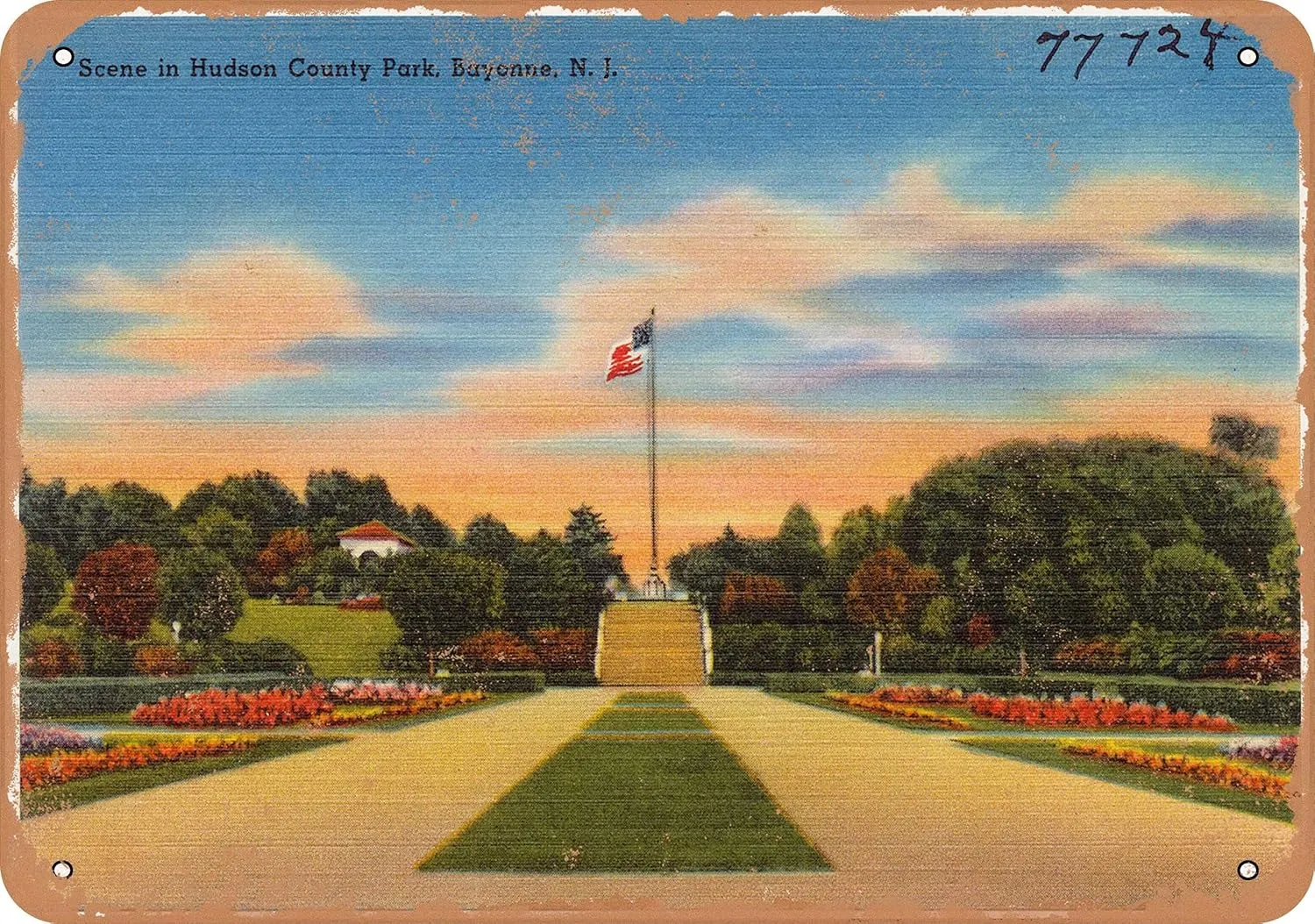 7 x 10 METAL SIGN - New Jersey Postcard - Scene in Hudson County Park, Bayonne, N. J. - Vintage Rusty Look